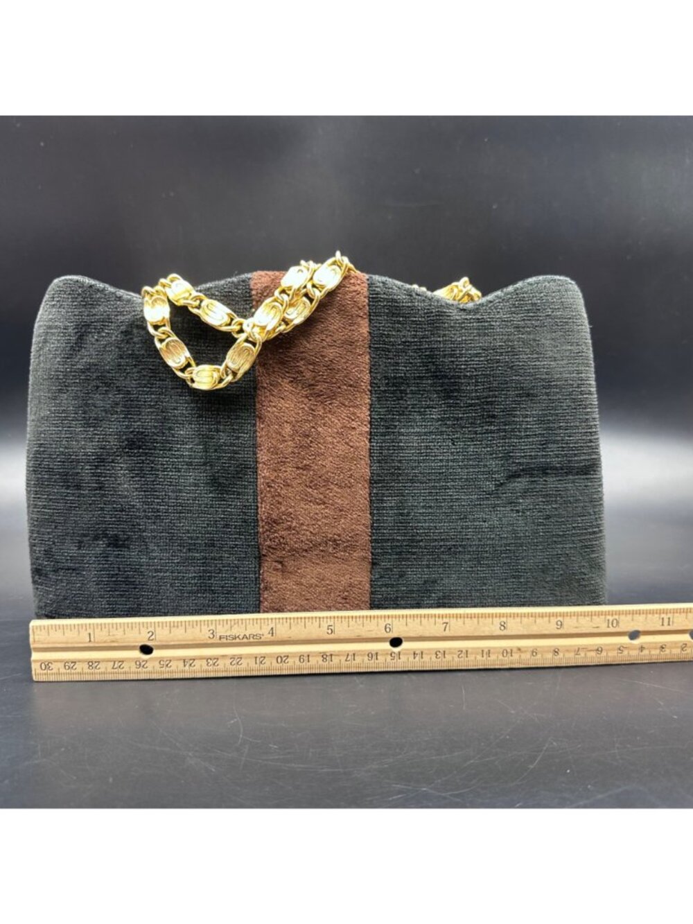 Vintage Black Brown Purse Crown Lewis Gold Chain Handles Mid Century Handbag - Picture 16 of 16